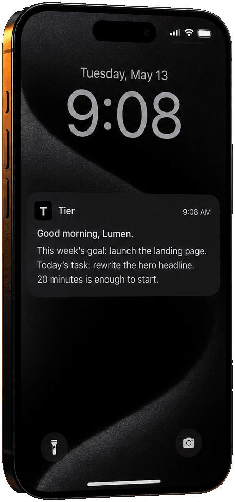 Tier sending a personalized daily check-in as a push notification on a phone lock screen